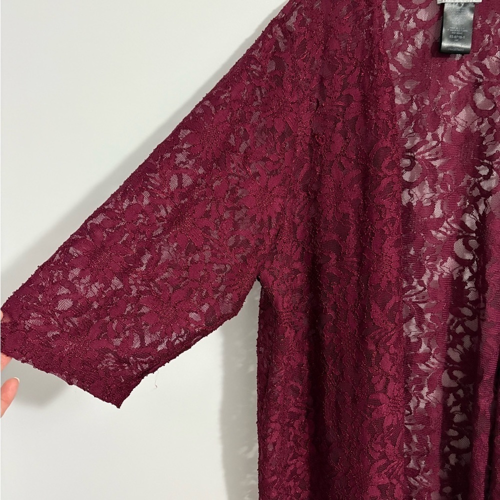 Catherines Women’s Lace Open Front Cardigan Size 22W Burgundy Floral 3/4 Sleeves - Picture 2 of 9